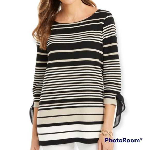 Charter Club tie sleeve striped sweater b&w with beige Petite M - Picture 1 of 3